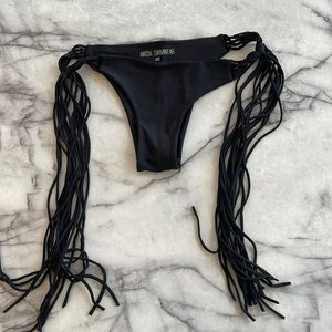 MIKOH SWIMWEAR SIZE LARGE BLACK SKIMPY BIKINI BOTTOM WITH SIDE TASSLES